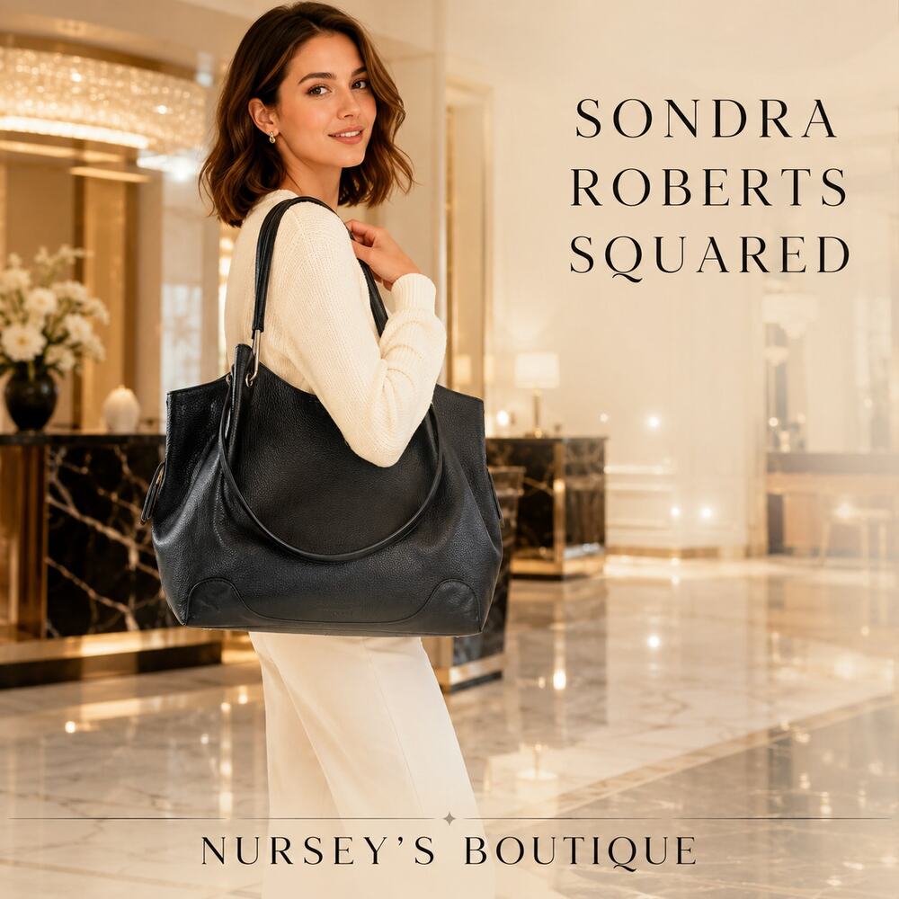 Sondra Roberts Squared Black Pebbled Vegan Leather Large Tote Bag